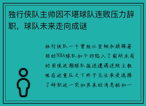 独行侠队主帅因不堪球队连败压力辞职，球队未来走向成谜