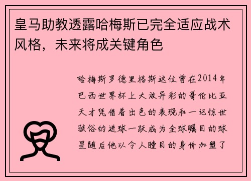 皇马助教透露哈梅斯已完全适应战术风格，未来将成关键角色